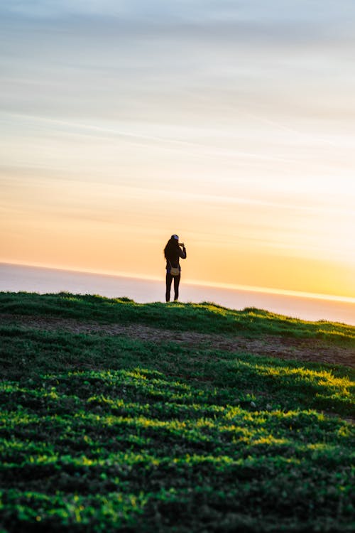 Silhouette of a Woman Standing on Green Grass Field during Sunset