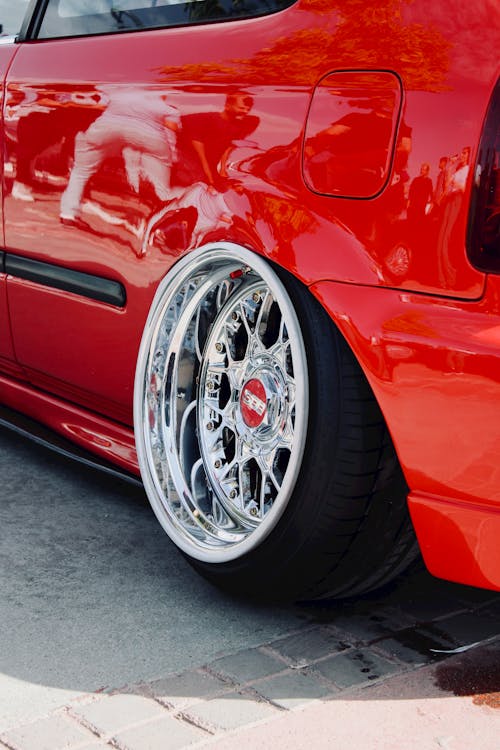 Close-up of Chrome BBS Rim on a Stanced Red Classic Honda Civic