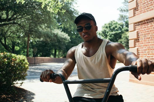 Young man enjoys a leisurely bike ride outdoors in Williamsburg. Perfect depiction of summer lifestyle.
