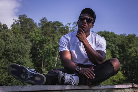 Young man in a casual outfit sitting outdoors in Williamsburg, VA wooded area.