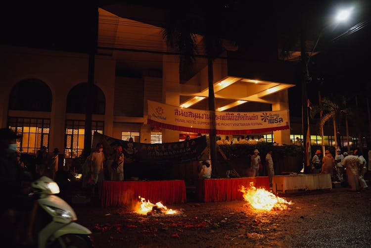 Fire Burning In The City Street At Night