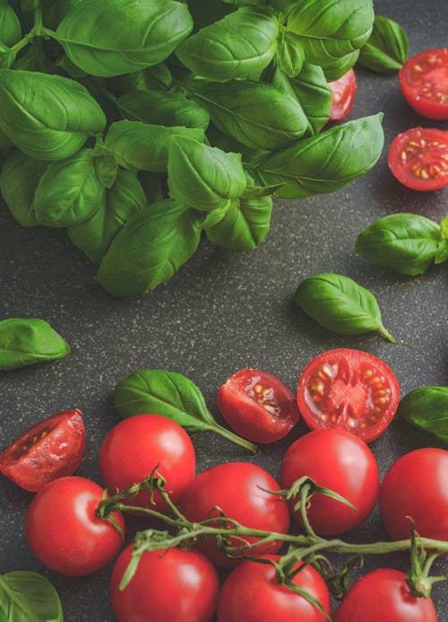 Fotografia De Tomates Perto De Folhas De Manjericão