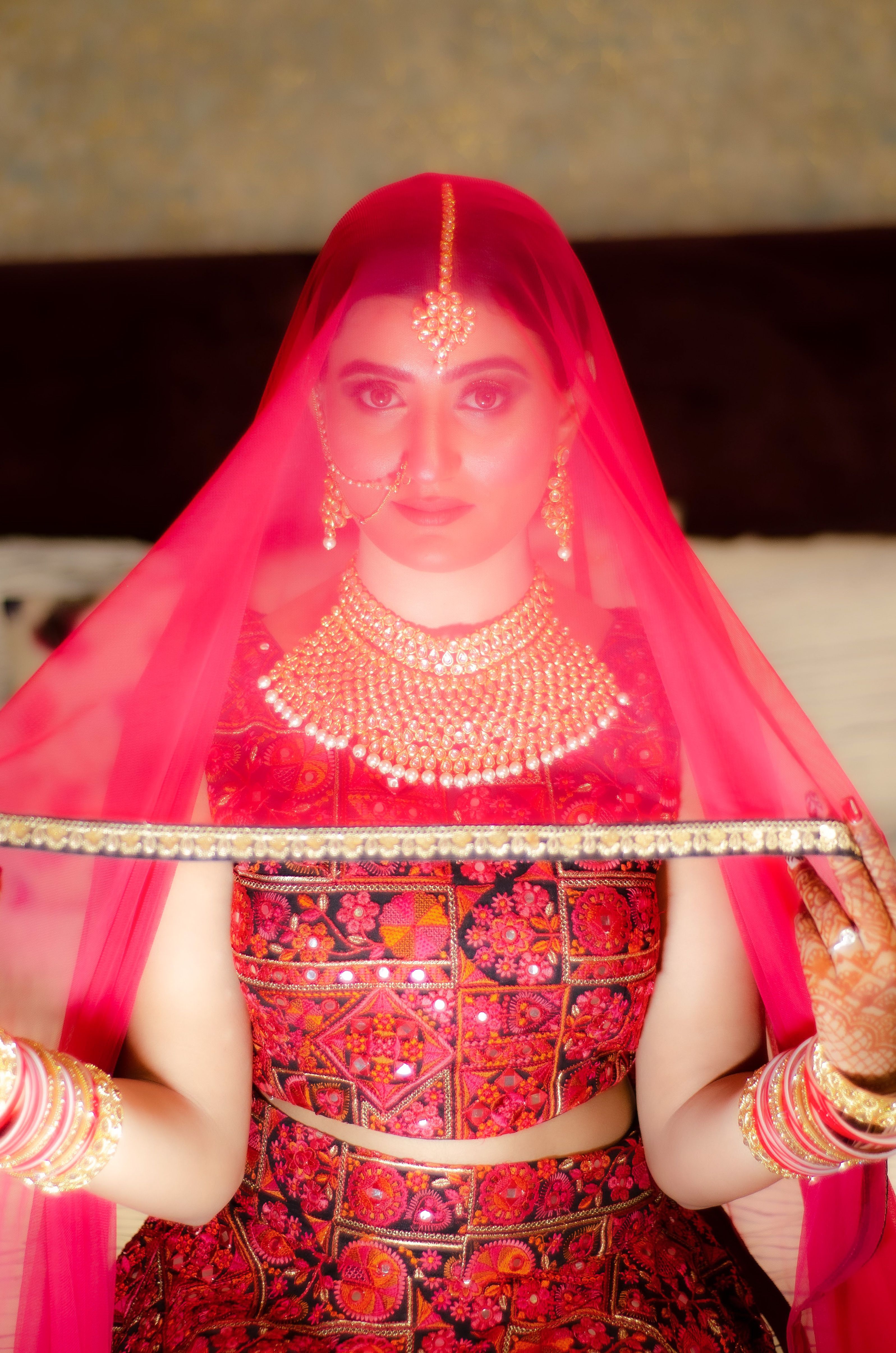 Elegant portrait of a South Asian bride wearing vibrant traditional attire with a red veil and intricate jewelry.