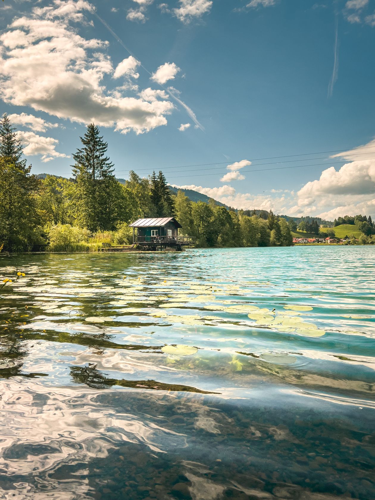 Cabin beside a lake surrounded by forest