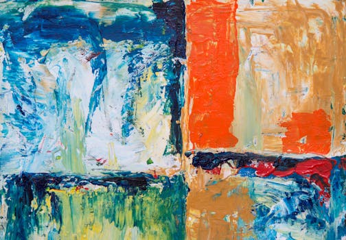 这幅抽象艺术作品色彩缤纷，以大胆的丙烯笔触和充满活力的色调为特色