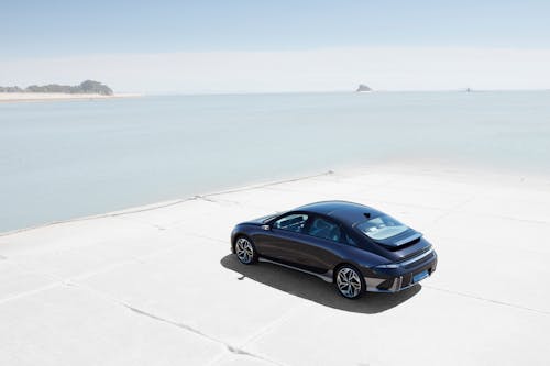 Drone Shot of a Hyundai Ioniq 6 by the Seaside