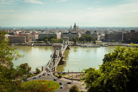 A stunning view of Budapest featuring the Chain Bridge and Danube River under a clear summer sky.