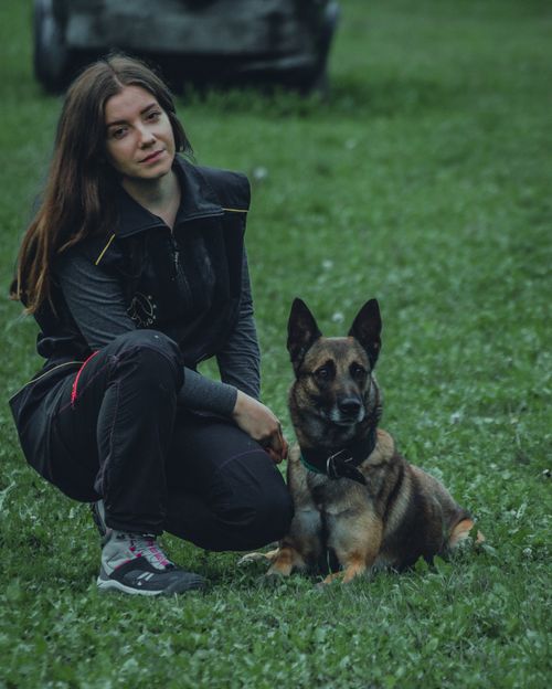 Free A woman kneels beside her German Shepherd dog on a green lawn, creating a serene outdoor moment. Stock Photo