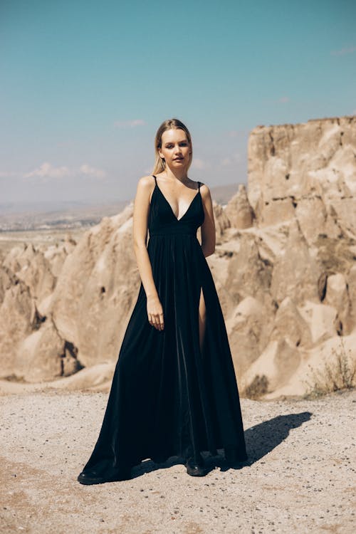 A Woman in Black Spaghetti Strap Dress