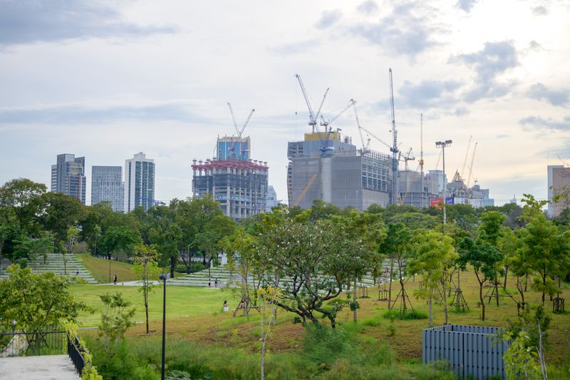 Urban skyline with cranes and skyscrapers under construction amidst green park.