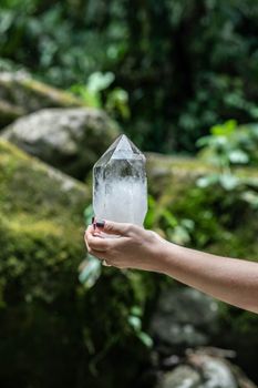 A person holding a clear crystal in a vibrant green forest setting.