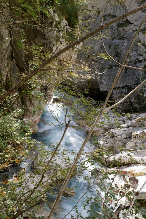 Free Captivating waterfall and rocky terrain in the Soča River Gorge, Slovenia. Stock Photo