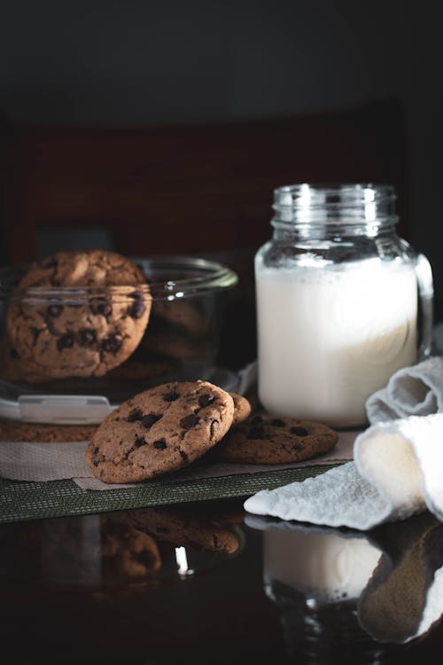 Free Chocolate Chip Cookies and Milk in a Jar Stock Photo