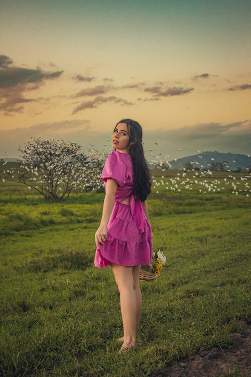 Pretty Woman in Pink Dress on Meadow