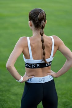 A woman in sports bra and leggings standing outdoors, emphasizing fitness and relaxation.