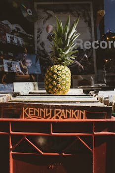 古董音乐商店的橱窗里，一只菠萝放在唱片箱上