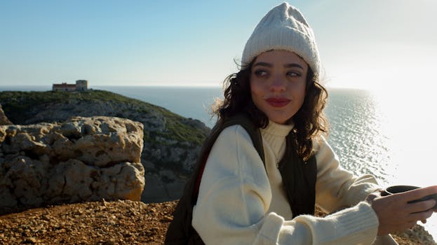 Woman wearing a knit cap and white sweater enjoying coffee by the coast under sunny skies.