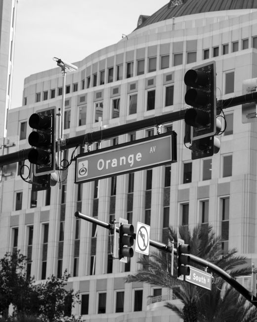 Monochrome image of traffic lights and street sign in a downtown district.