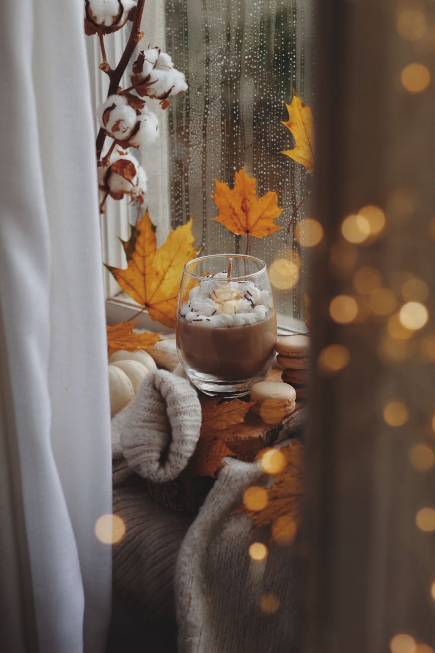 Cozy autumn scene with hot drink on windowsill, surrounded by leaves and blankets.