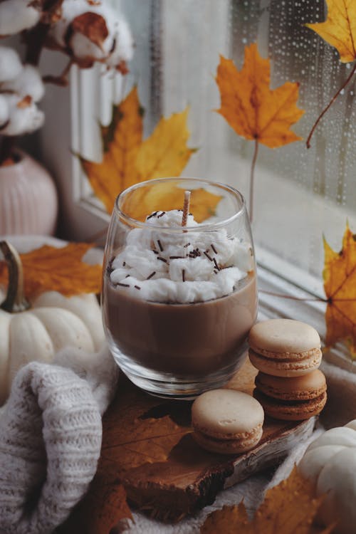 Free Coffee with Cream and Cookies on Windowsill in Autumn Stock Photo