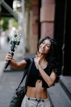 Cheerful young woman taking a selfie on a city street, enjoying urban life.