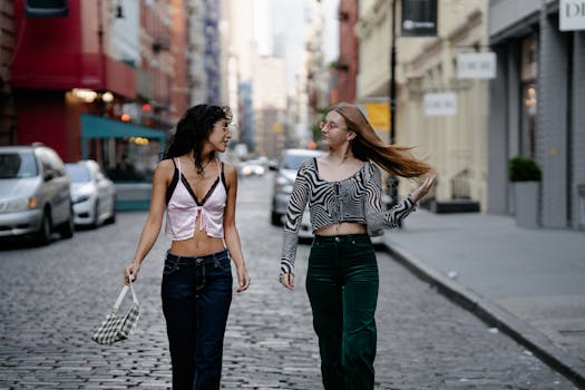Two fashionable young women walking on a city street, showcasing trendy outfits and style.