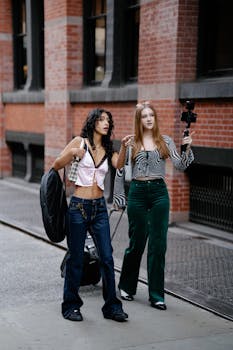 Trendy teenagers with suitcases vlogging on a city street, showcasing modern fashion and technology.