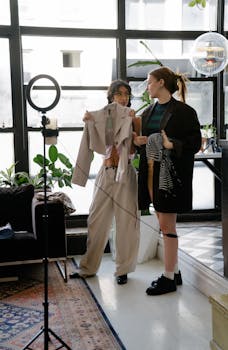 Two women styling outfits in a contemporary studio setting with natural light.