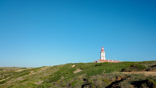 A Lighthouse on Green Grass Under a Clear Blue Sky