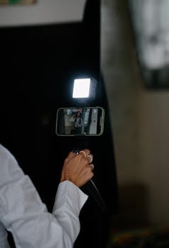 Vlogger recording video on a smartphone with a portable LED light indoors.