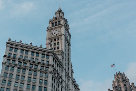 Low-angle shot of the historical Wrigley Building under a clear blue sky in Chicago.