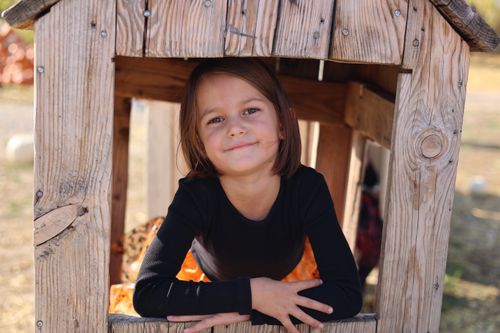 Free A smiling child enjoying a sunny day, sitting inside a rustic wooden playhouse. Stock Photo
