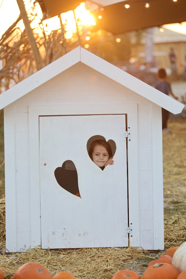 Little Girl Looking Through Heart Shaped Holes In Small Shed Doors