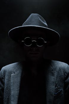 Silhouette of a person wearing a wide-brimmed hat and sunglasses against a black backdrop.