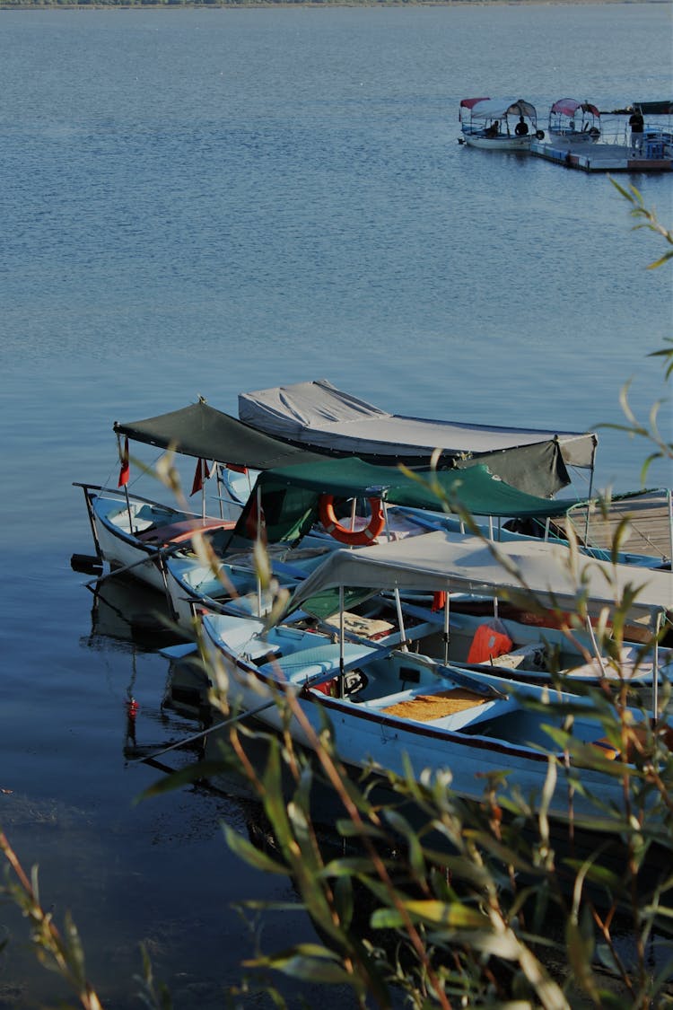 Empty Rowboats Moored To A Lakeshore Jetty