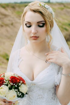 一位身着白色礼服的美丽新娘，在户外手持一束红白相间的鲜花