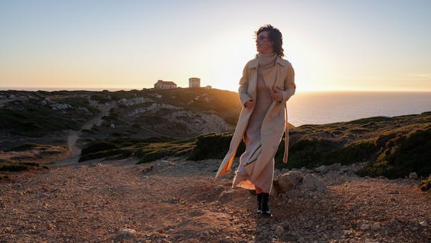Woman in coat walks on coastal cliff path at sunset, enjoying nature.