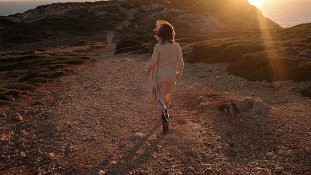 A woman in a coat runs on a rocky path, illuminated by golden hour sunlight.