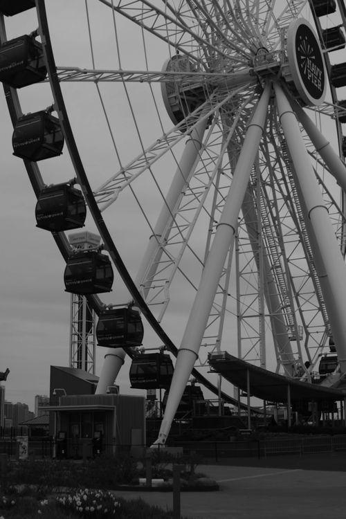 Free Black and white photo of a Ferris wheel at an amusement park, showcasing detailed structure. Stock Photo