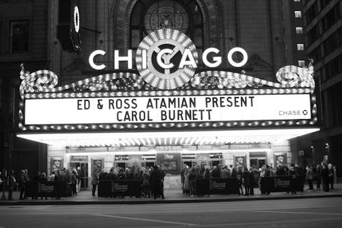 Grayscale Photography of People Standing Outside the Theater