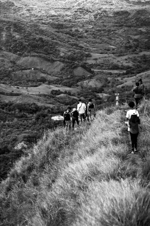 Grayscale Photo of Hikers Walking in a Field