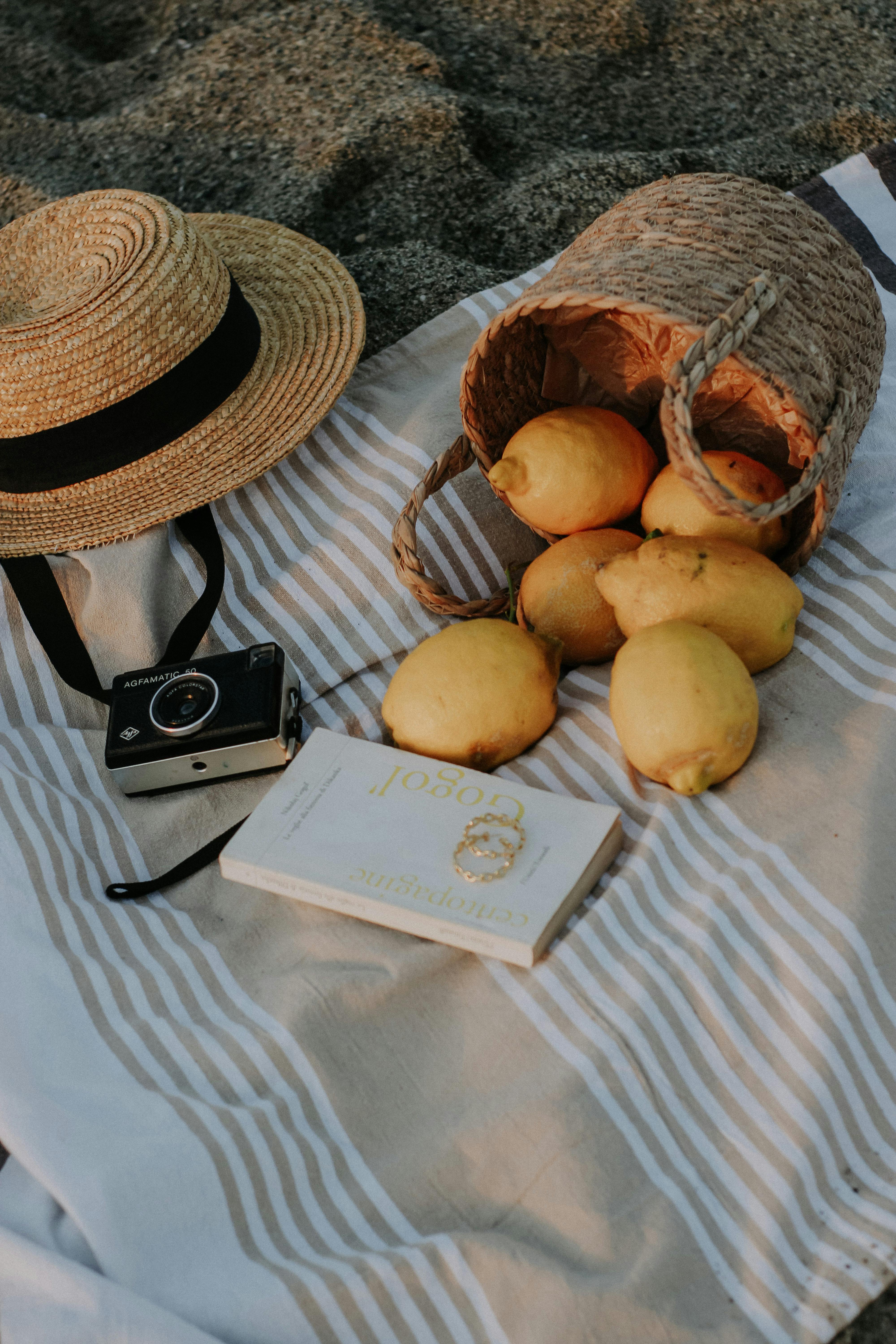 A summer picnic scene with lemons, a woven basket, straw hat, and vintage camera on striped textile.