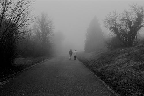Grayscale Photo of Two People Walking on the Road