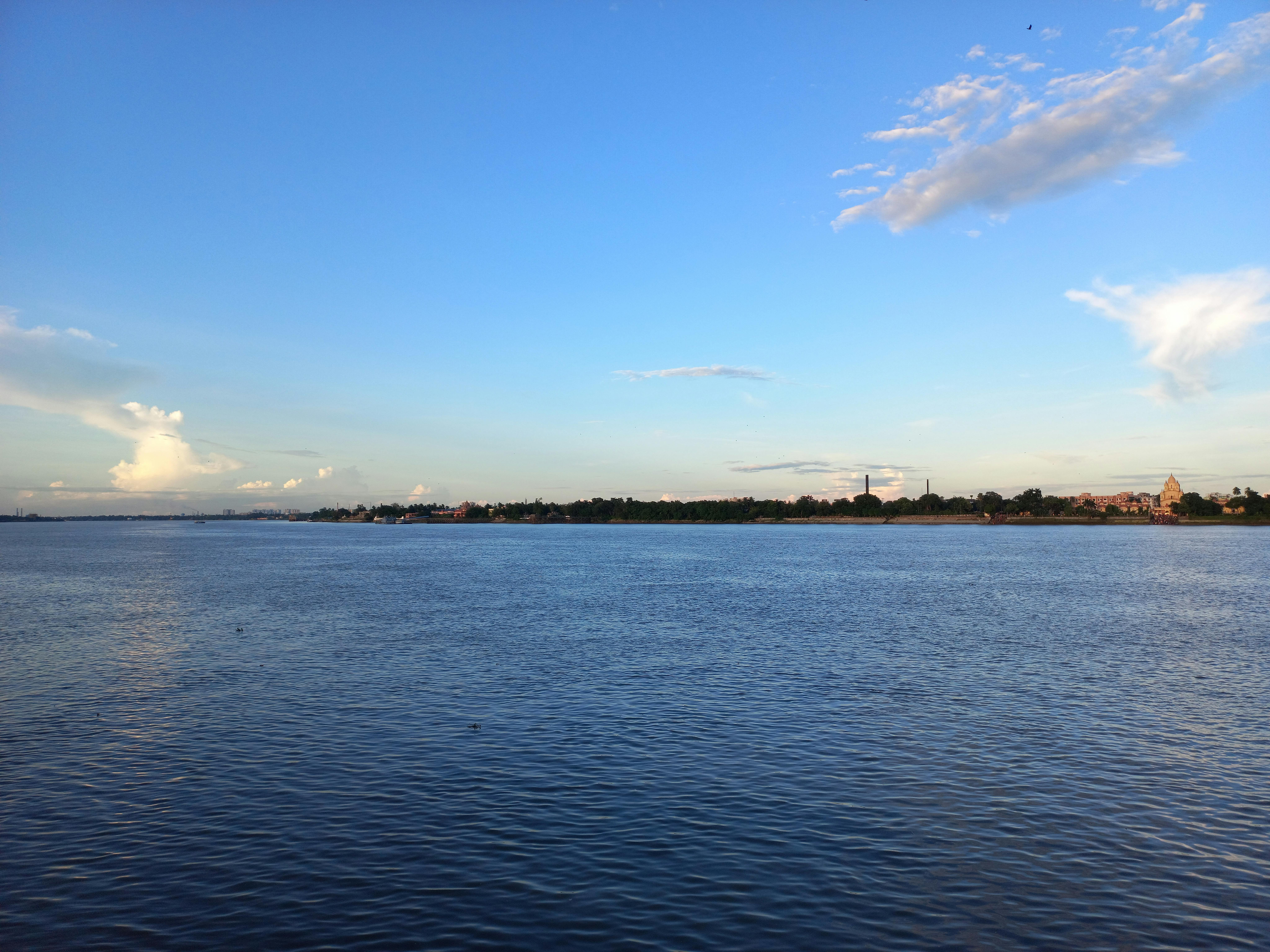Tranquil scene of a lakeshore under a clear blue sky in Kolkata, India.