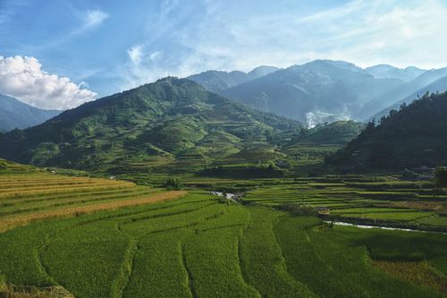 Free A breathtaking view of lush green terraced rice fields nestled in a mountain valley under a vibrant blue sky. Stock Photo