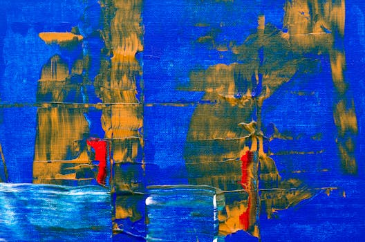 这幅充满纹理、融合蓝黄红三色的动态抽象画，非常适合现代艺术爱好者