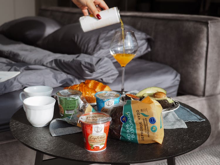 Breakfast On A Table In A Hotel Room