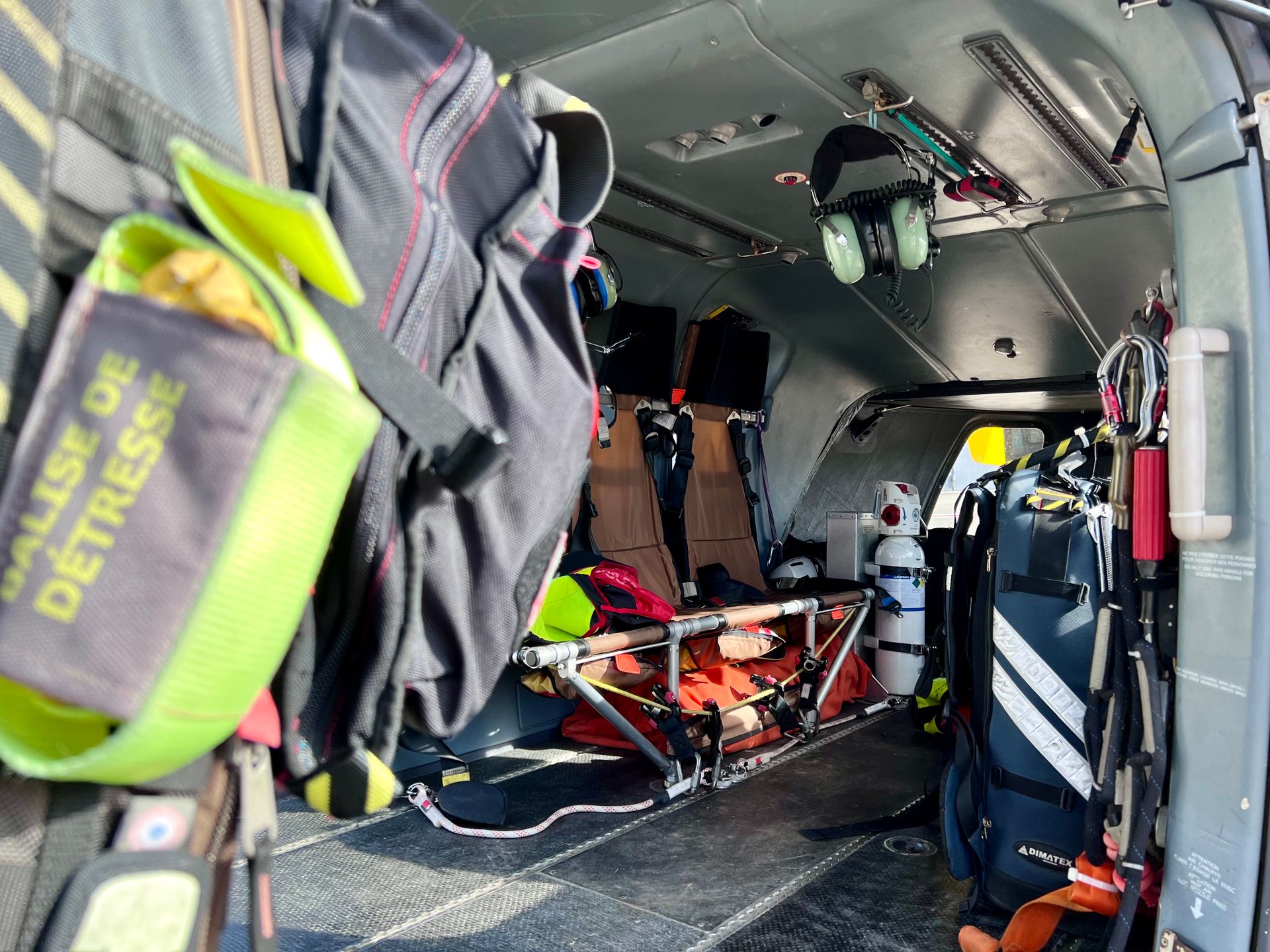 Inside view of a medical helicopter equipped for emergency rescues.