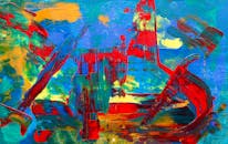 这幅动态抽象的丙烯酸艺术品，画布上色彩充满活力，笔触富有表现力