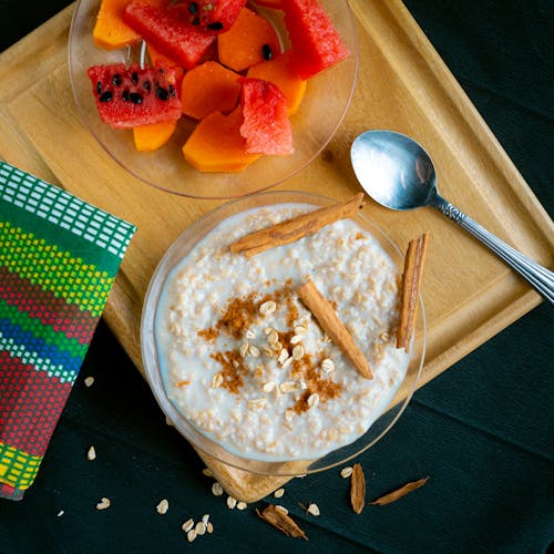 Bowl of Oatmeal on a Wooden Tray